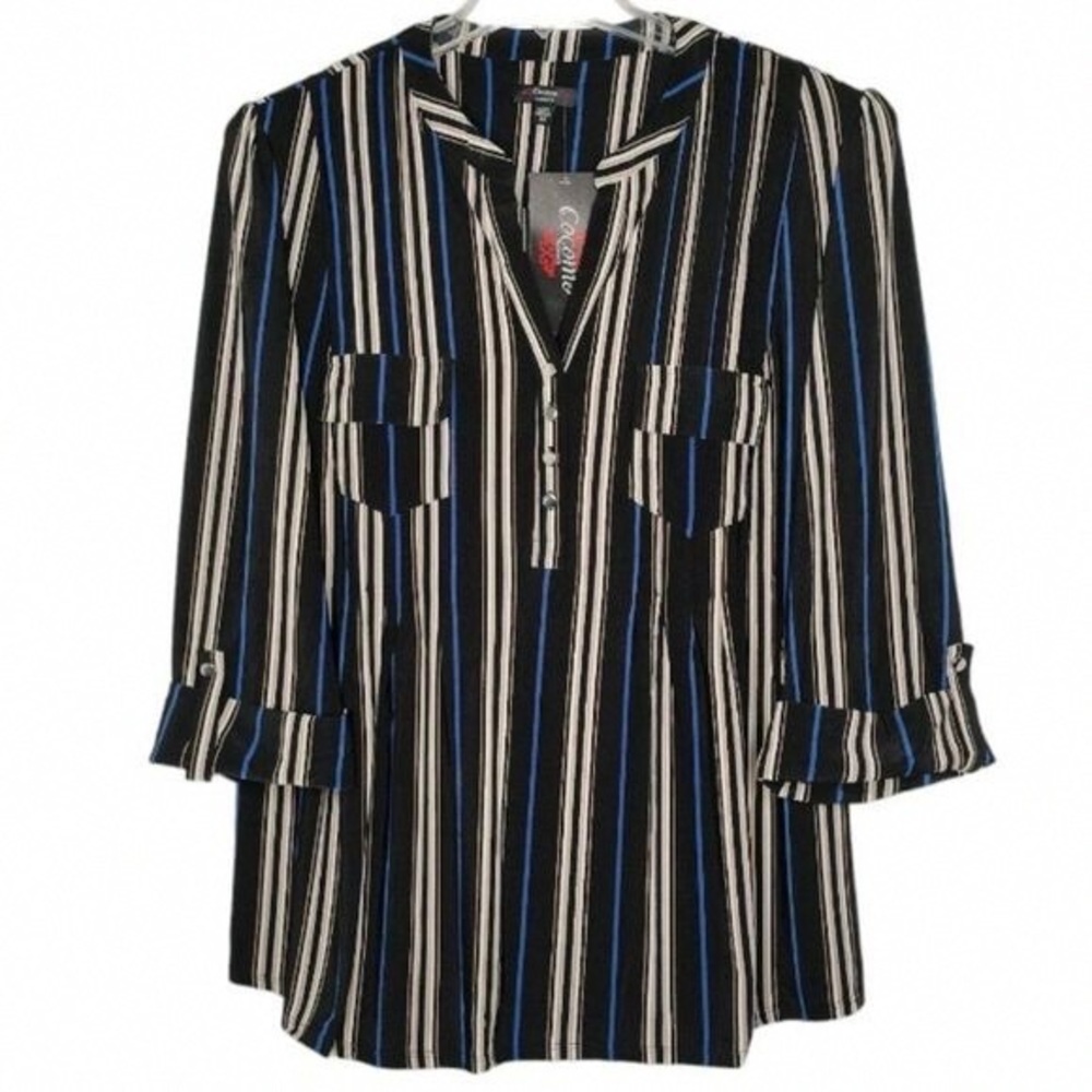 cezanne Black, Blue & White Striped V-Neck Tunic
